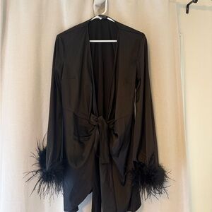 White Fox Boutique Black Tie-Front Blouse with Feather Cuffs
